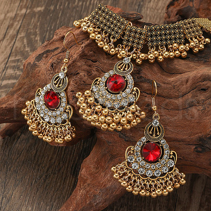 Bohemian Style Zinc Alloy & Rhinestone & Plastic Pearl Tassel Pendant Necklace & Dangle Earring FS-WG87356-01-1