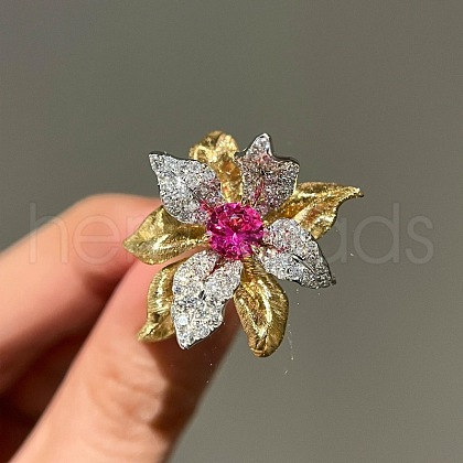 Brass Micro Pave Cubic Zirconia Flower Cuff Rings for Women RJEW-B125-01G-1
