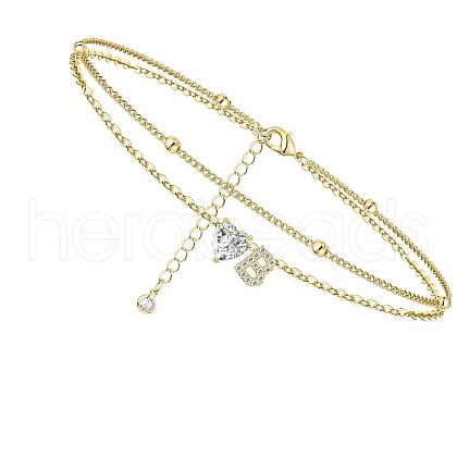 Heart & Letter Brass Crystal Rhinestone Charm Double Layer Anklets FS-WG6749C-02-1