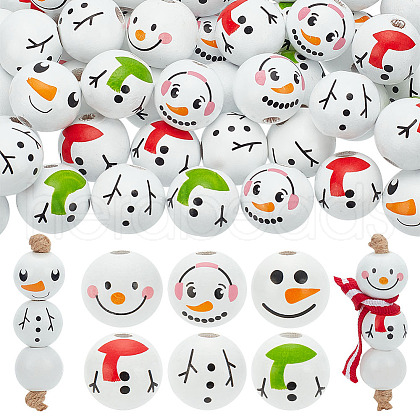   60Pcs 6 Styles Round Christmas Snowman Print Wood European Beads WOOD-PH0002-98-1