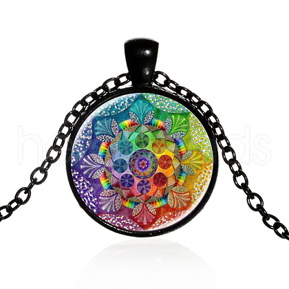Flower of Life Glass Pendant Necklace CHAK-PW0001-017D-1