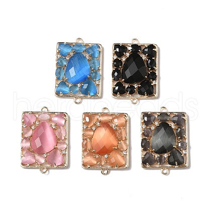 Brass Pave Clear Cubic Zirconia and Cat Eye Rectangle Connector Charms KK-I276-34G-1