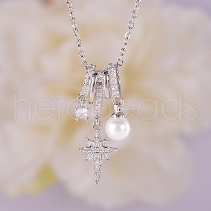 Brass Micro Pave Clear Cubic Zirconia Star and Imitation Pearl Pendant Necklaces for Women FS-WGAADF6-02-1