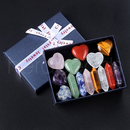 14Pcs Chakra Heart & Hexagonal Prism Mixed Natural Gemstone Healing Stones Set PW-WG55180-01-1