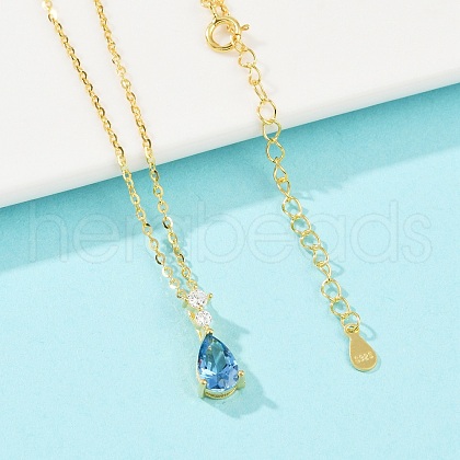 925 Sterling Silver Sapphire Rhinestone Teardrop Pendant Necklace for Women NJEW-V013-01G-1