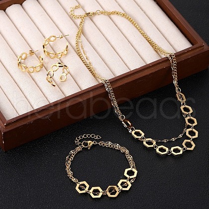 316L Surgical Stainless Steel Hexagon Link Chain Necklaces & Bracelets & Stud Earrings & Rings Sets FS-WGC2A1E-01-1
