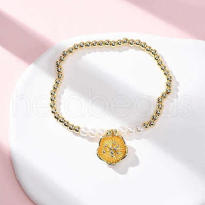 Brass Round Beads Charm Bracelets for Women BJEW-A041-01G-1