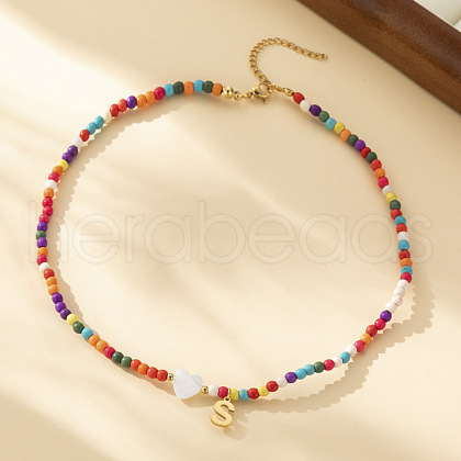 Heart Natural Shell & Colorful Glass Seed Round Beaded Necklaces FS-WGE10D5-18-1