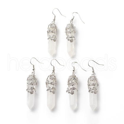 Natural Quartz Crystal Bullet with Flower Dangle Earrings EJEW-G300-02P-05-1
