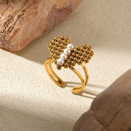 304 Stainless Steel Plastic Pearl Open Cuff Ring for Women RJEW-Z088-04G-1