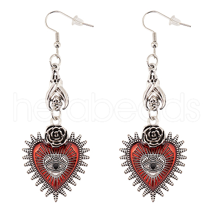 ANATTASOUL 1 Pair FireBrick Enamel Rose with Heart Evil Eye Long Dangle Earrings EJEW-AN0002-15-1