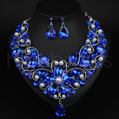 Teardrop Alloy Rhinestone Pendant Necklaces & Stud Earrings Sets for Women WG498A8-04-1