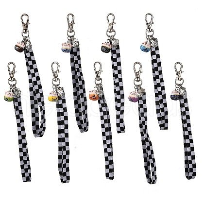 Fortune Cat Porcelain with Check Pattern Polyester Ribbons Pendant Decorations HJEW-JM03473-1