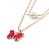 Glass Butterfly & Natural Pearl Pendants Double Layer Necklace with Clear Cubic Zirconia NJEW-TA00043-03-4