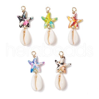 Dyed Synthetic Turquoise Starfish & Natural Cowrie Shell Pendants PALLOY-JF03932-1