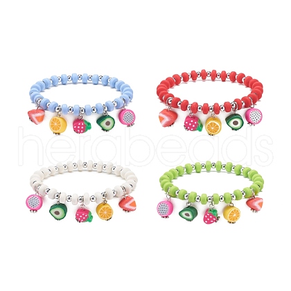 Polymer Clay & Plastic Beaded Stretch Bracelet with Fruit Charms for Women BJEW-JB08706-1