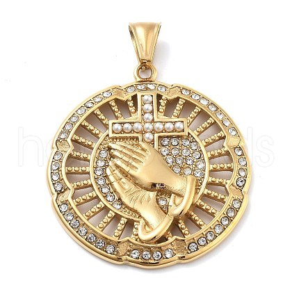 304 Stainless Steel Rhinestone Cross Praying Hands Pendants STAS-V008-33G-1
