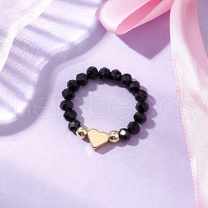 Glass & Brass Beaded Stretch Rings for Women RJEW-JR00858-01-1