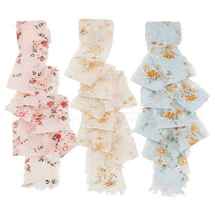 AHADERMAKER 3 Rolls 3 Styles Flower Printed Polyester Frayed Fringe Ribbon OCOR-GA0001-86-1