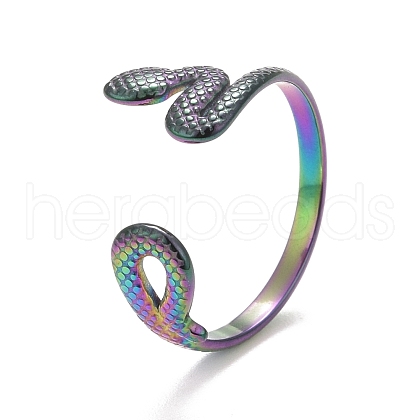 Ion Plating(IP) Rainbow Color 304 Stainless Steel Snake Wrap Open Cuff Ring for Women RJEW-C025-18M-1