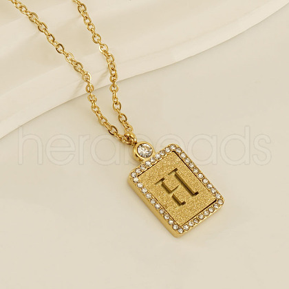 304 Stainless Steel Micro Pave Clear Cubic Zirconia Rectangle with Hollow Letter Pendant Necklaces FS-WGAE794-11-1