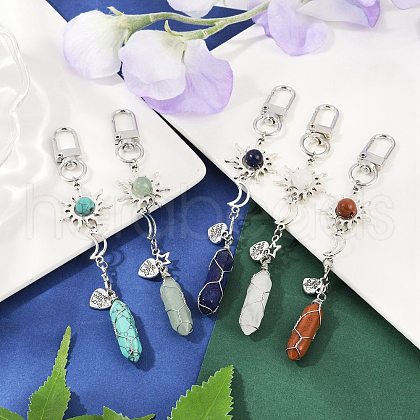 Wire Wrapped Bullet Natural Lapis Lazuli & Red Jasper & Green Aventurine & Quartz Crystal & Synthetic Turquoise Pendant Decorations HJEW-JM03076-1