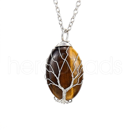 Natural Tiger Eye Oval Pendant Necklace with Platinum Alloy Chains PW-WG98341-02-1