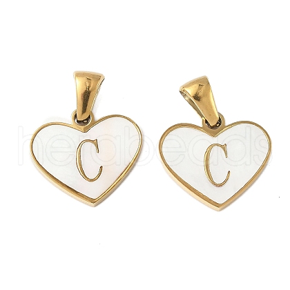 304 Stainless Steel Pave Natural White Shell Heart with Initial Slice Pendants STAS-R168-25G-C-1