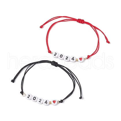 2Pcs 2 Color Heart with Word 2024 Acrylic Braided Bead Bracelets Set BJEW-JB09780-1