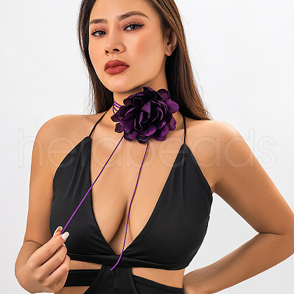 Retro Cloth Rose Flower Waxed Cord Wrap Choker Necklaces for Women WG01AE5-06-1