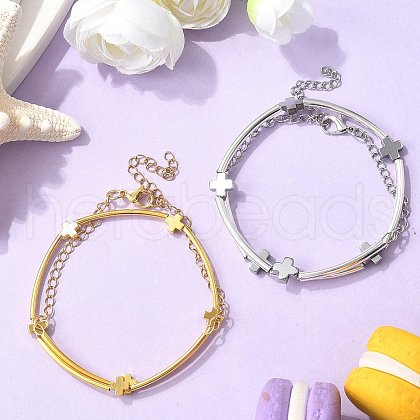 2Pcs 2 Colors Brass Tube Beads Bracelets for Women BJEW-JB11589-1