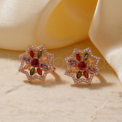 Elegant Brass Colorful Cubic Zirconia Flower Hoop Earrings YU9801-1-1
