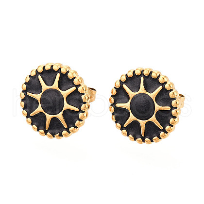 Flat Round with Sun 304 Stainless Steel Enamel Stud Earrings EJEW-T047-17G-A-1