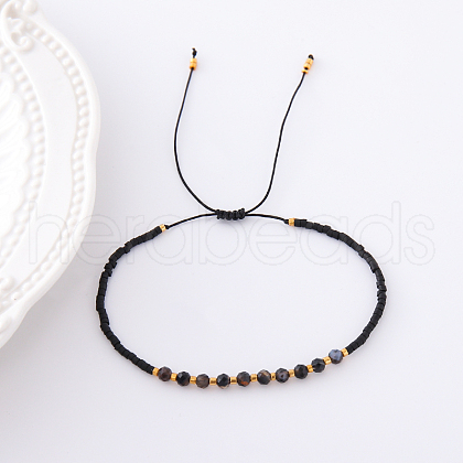 2mm Faceted Natural Dyed & Heated Black Agate Beaded Braided Adjustable Bracelets for Women PF2854-7-1