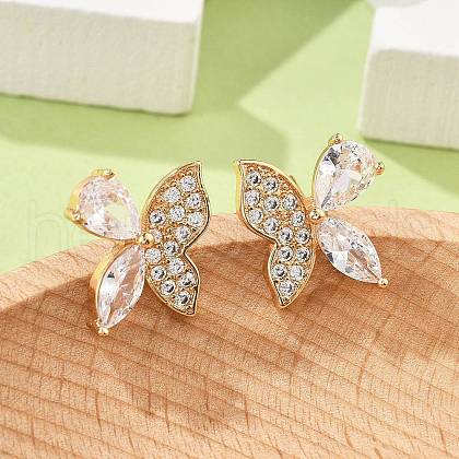 Butterfly Brass Micro Pave Clear Cubic Zirconia Stud Earrings for Women EJEW-G428-08G-1