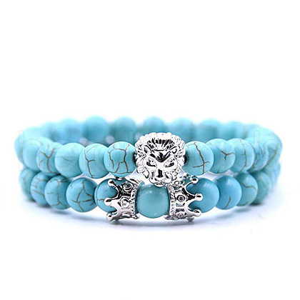 2Pcs Synthetic Turquoise Round Beaded Stretch Bracelets CG7988-2-1