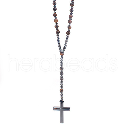 Natural Tiger Eye Rosary Bead Necklace WG81562-01-1