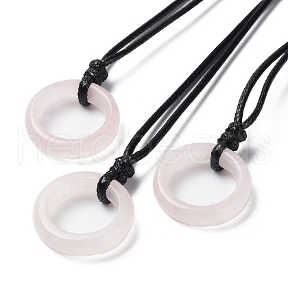 Natural Rose Quartz Ring Pendant Necklace with Waxed Cords NJEW-R262-01B-08-1