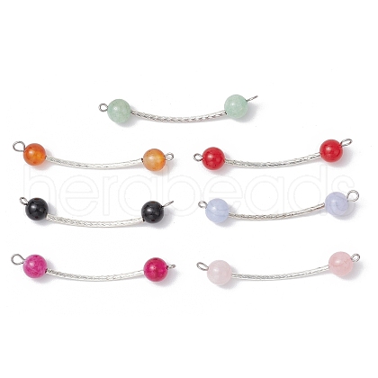 7Pcs 7 Styles Dyed Natural Quartz & Carnelian & Rose Quartz & Black Onyx & Malaysia Jade Round Beads Brass Tube Connector Charms PALLOY-JF03714-1