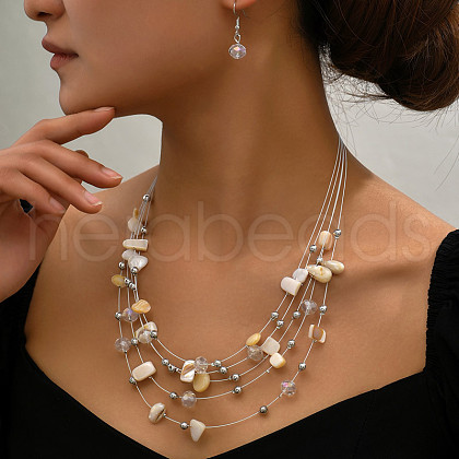 Bohemian Style Alloy & Shell Nuggets Beaded Multilayer Necklaces & Dangle Earrings Sets FS-WG9A8A7-04-1