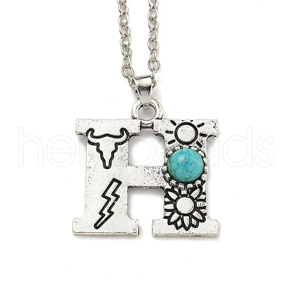 Letter A~Z Antique Silver Plated Alloy with Synthetic Turquoise Pendant Necklaces NJEW-G080-01H-1