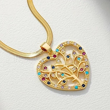 Brass Micro Pave Colorful Cubic Zirconia Heart Tree of Life Pendant Necklaces for Women FS-WG7F278-01-1