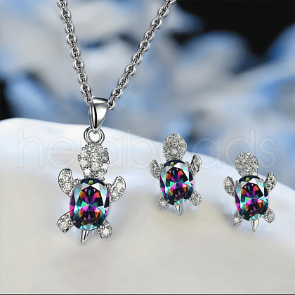 Tortoise Alloy Rhinestone & Glass Pendant Necklaces & Stud Earrings Sets FS-WG4B54D-05-1