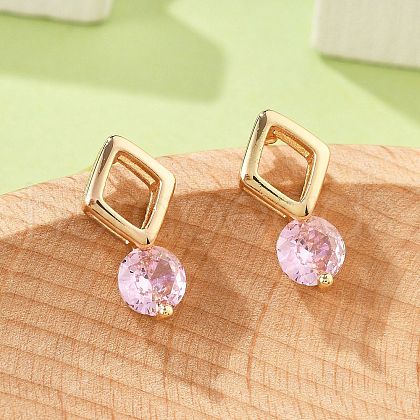 Rhombus & Flat Round Brass Micro Pave Cubic Zirconia Stud Earrings for Women EJEW-G428-20G-04-1