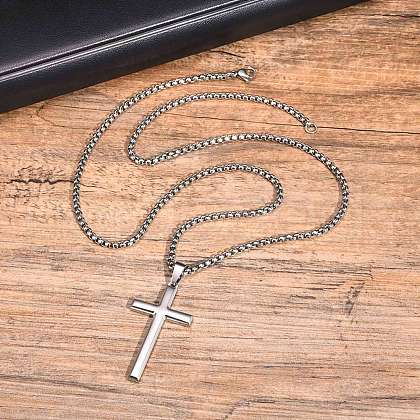 Men's Stainless Steel Cross Pendant Box Chain Necklaces PW-WGD1DFB-01-1