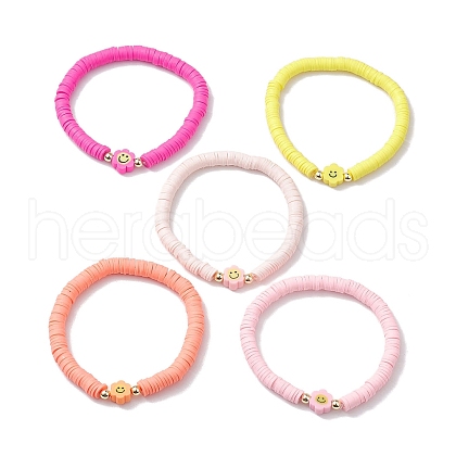 Handmade Polymer Clay Beaded Smiling Face Flower Stretch Bracelets BJEW-JB10209-1