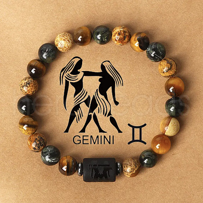 12 Constellations Natural Tiger Eye & Picture Jasper Round Beaded Stretch Bracelets for Men Women WG21EC3-09-1