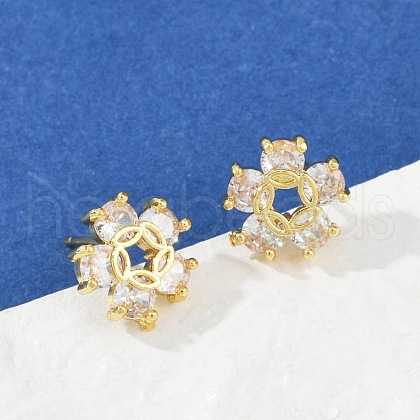 Flower Brass Micro Pave Clear Cubic Zirconia Stud Earrings EJEW-U064-03D-G-1