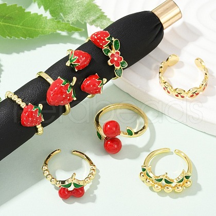 Brass Enamel Open Cuff Rings for Women RJEW-U057-09G-1