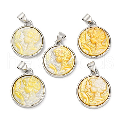 Natural Yellow Shell Carved Cameo Lady Pendants KK-D537-01P-01-1